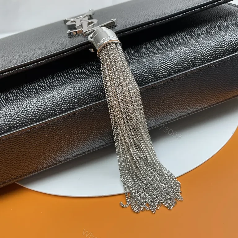 View 2 of Chic Black Leather Clutch: Silver YSL-Inspired Emblem, Chain