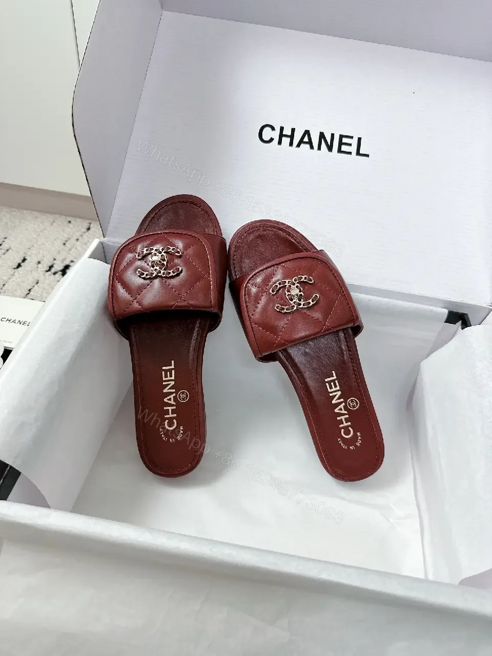 View 5 of Red Leather Chanel-Inspired Wide-Strap Slides: Luxe Everyday Elevation