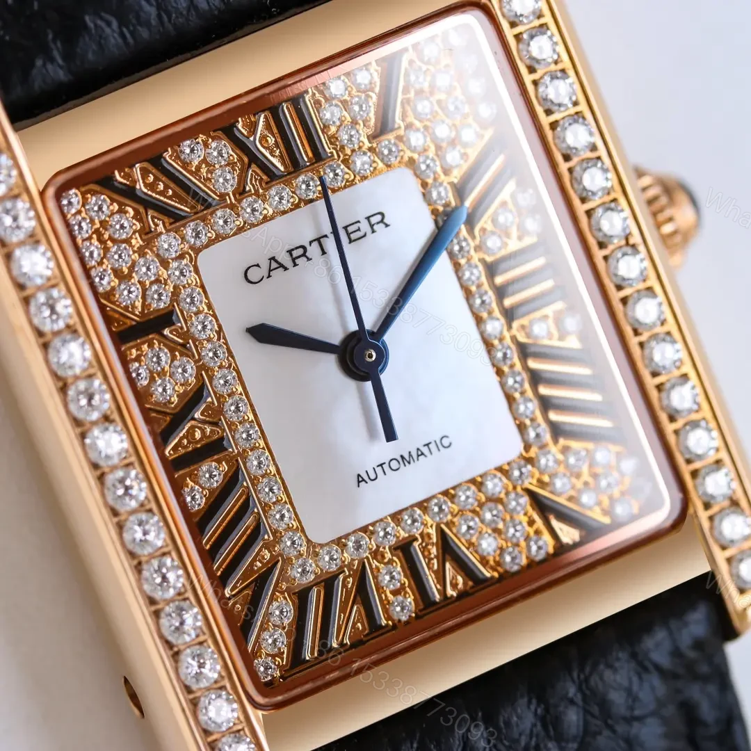 Cartier Tank MK3 Women’s Automatic Mechanical Watch – Rose Gold with Diamond Bezel, Black Leather Strap — view 1