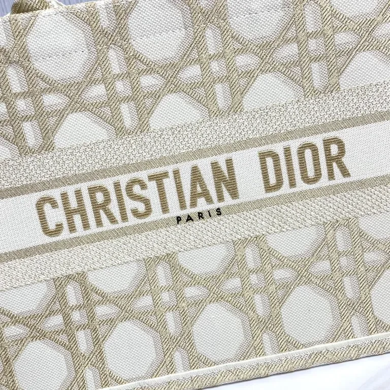 View 7 of Beige Structured Tote: Dior-Patterned Carryall with Signature Handles