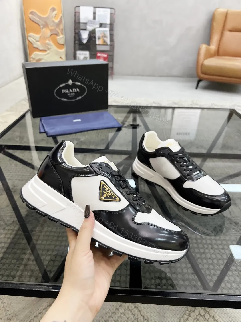 View 4 of Black & White Leather High-Tops with Prada Detailing - Luxe Comfort