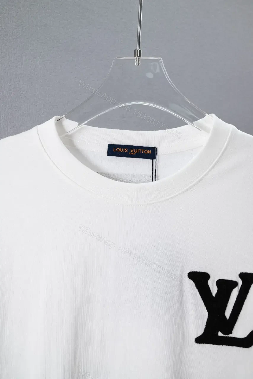 View 3 of White Cotton Relaxed-Fit T-Shirt with Black LV Logo Embroidery Crew Neck Short Sleeve