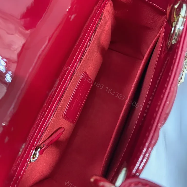 View 9 of Glossy Red Dior-Style Structured Handbag with Gold Hardware