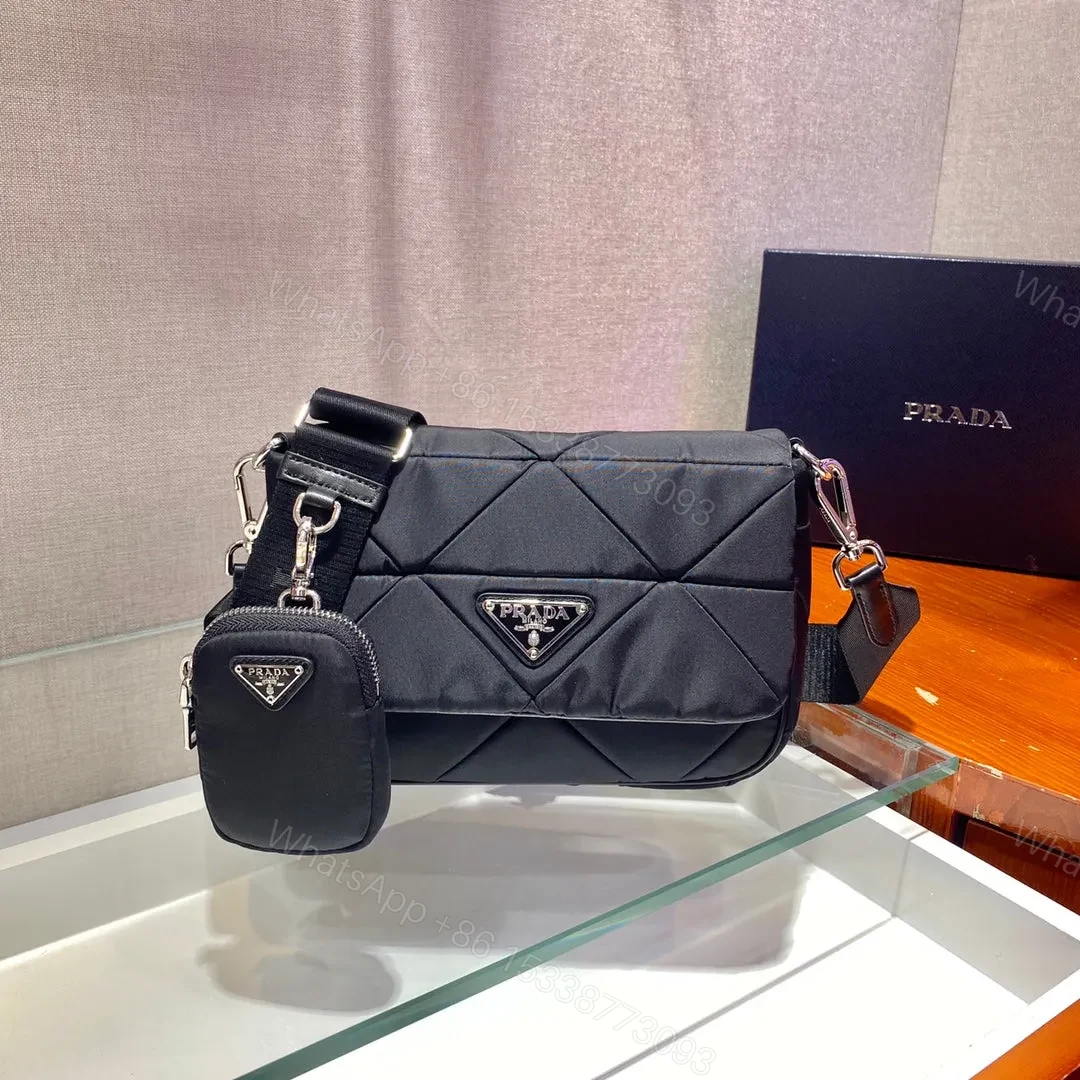 SMALL FLAP BAG 21 IN BLACK TRIANGULAR QUILTED PATTERN RE-NYLON — view 1