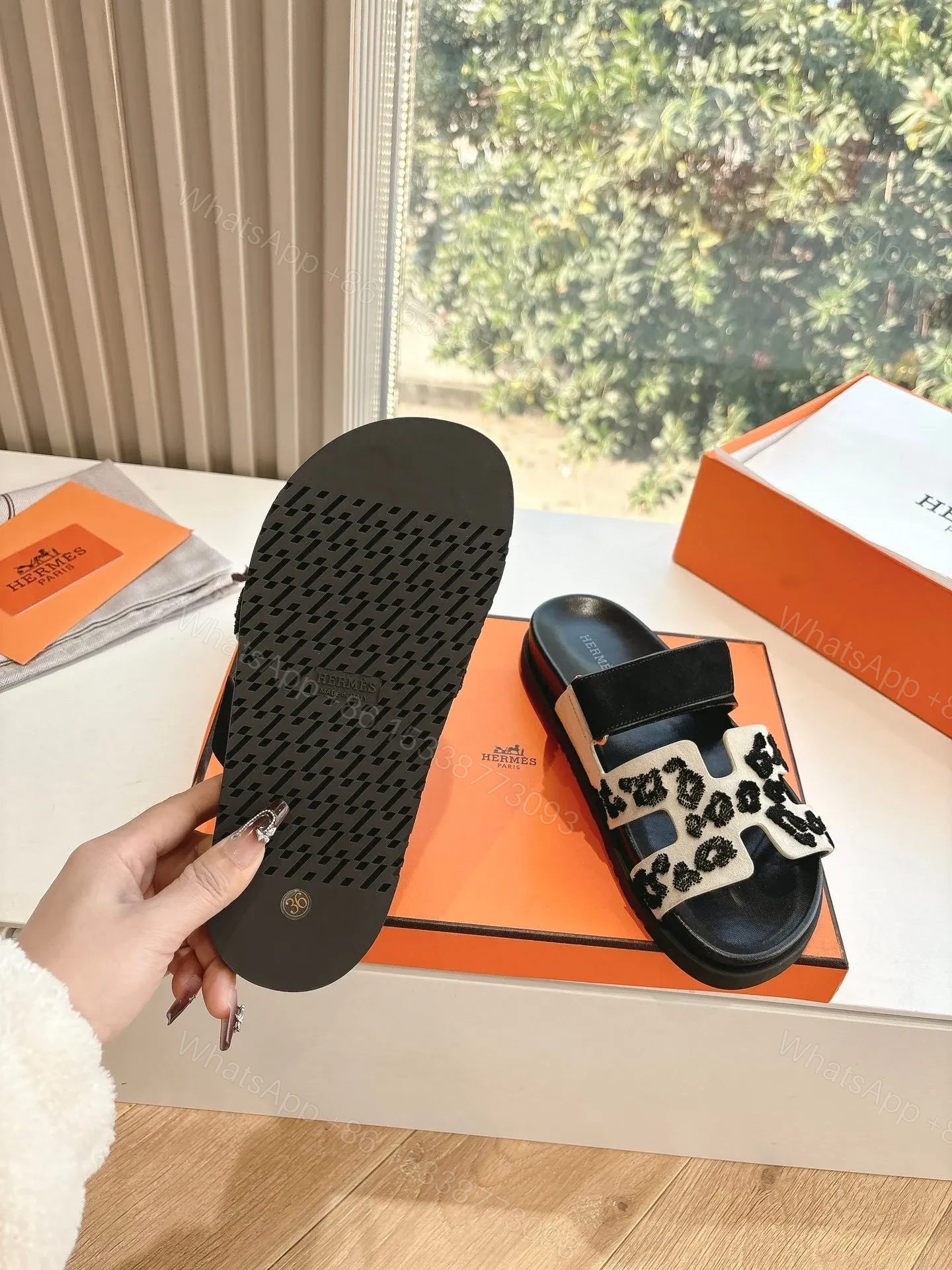 View 2 of Hermes Women Black Suede And Leopard Print Sandals
