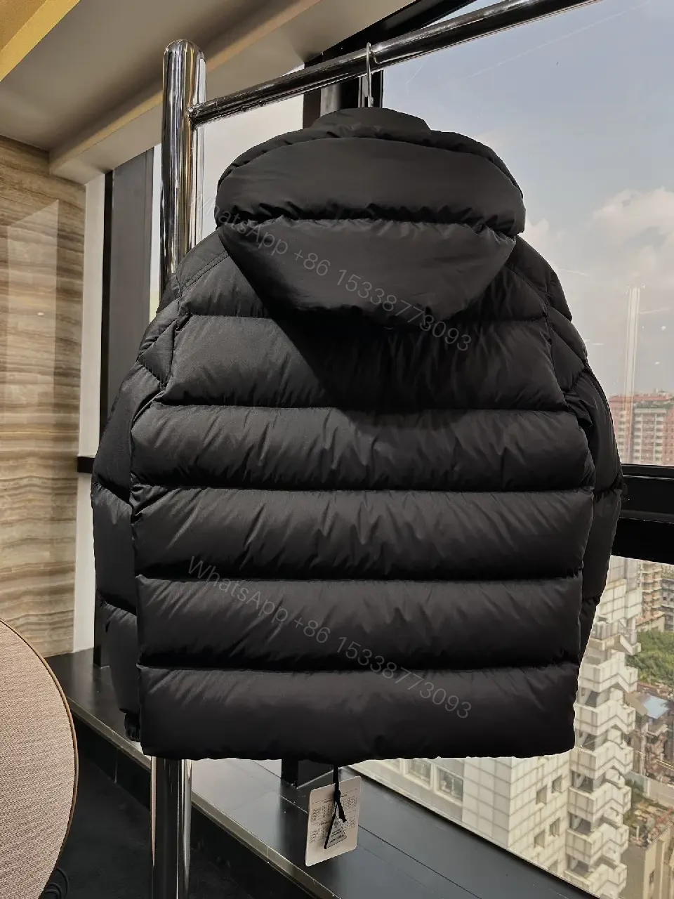 View 3 of Premium Grid-Quilt Puffer Coat with Removable Hood