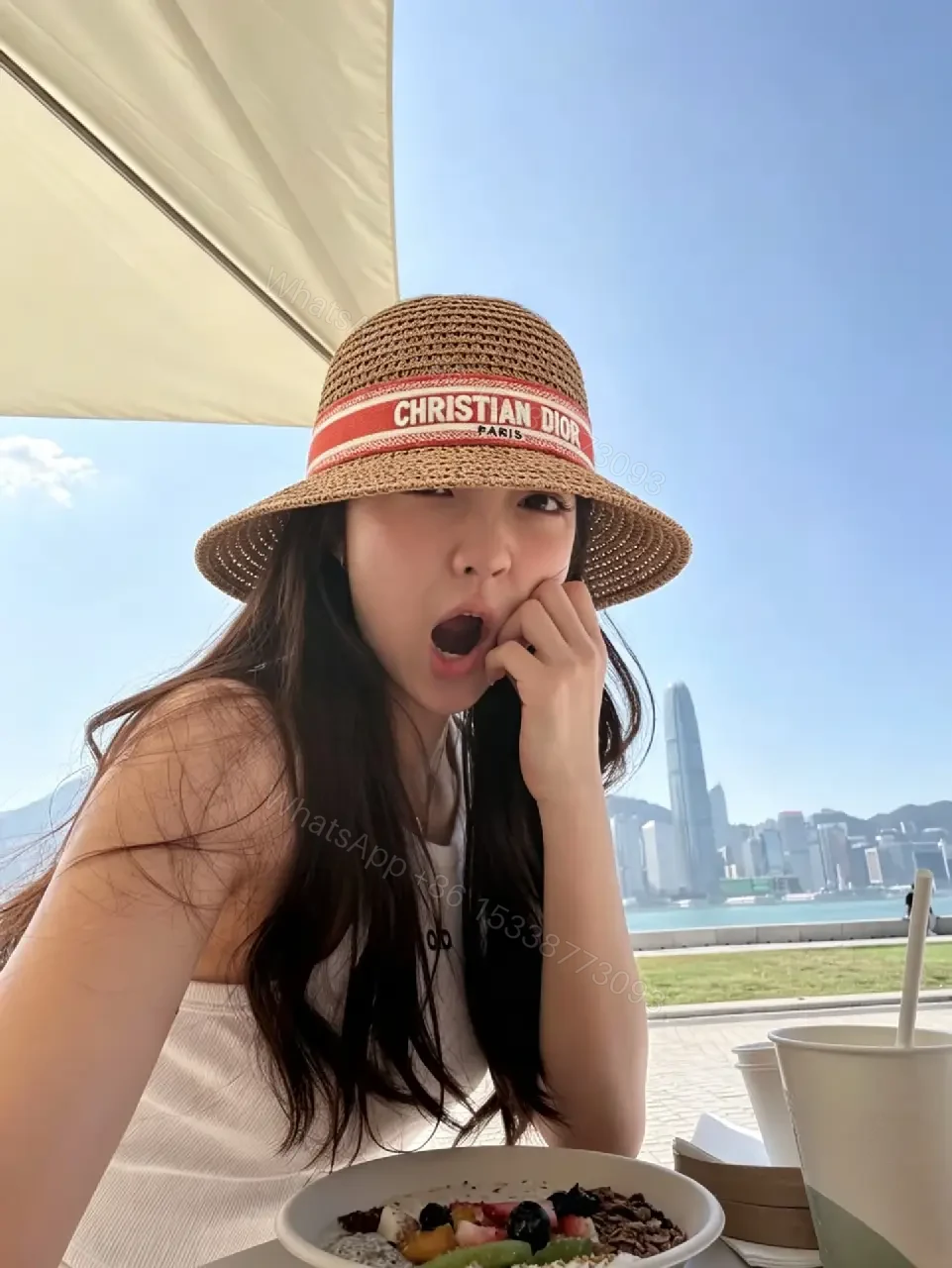 View 2 of Light Brown Straw Hat Wide Brim Red Dior Band Hat