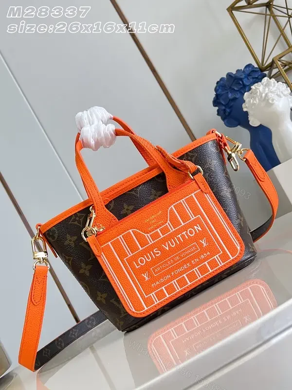 Bright Orange Leather Trim Monogram Handbag with Detachable Strap — view 1
