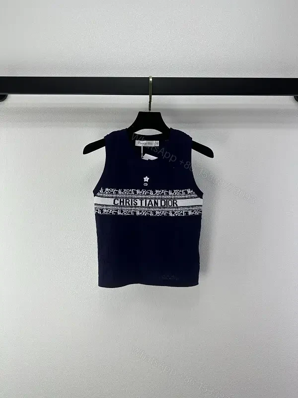 Navy Cotton Tank Top with Dior Band Logo Knit — view 1