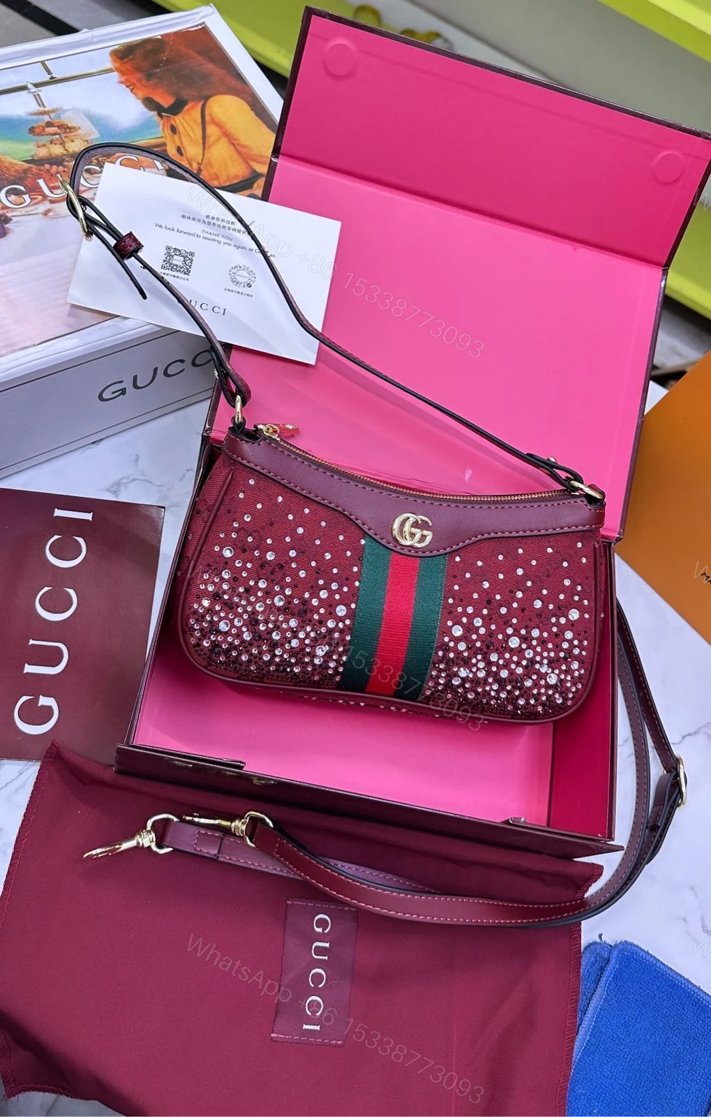 View 3 of Gucci Ophidia Crystal Embellished Leather Shoulder Bag First Copy | 12@ AAA+ Replica