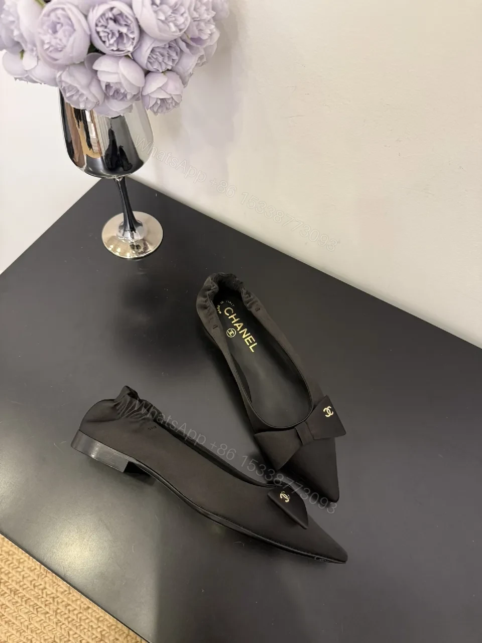 Black Satin Pointed-Toe Mules with Bow Detail — view 1