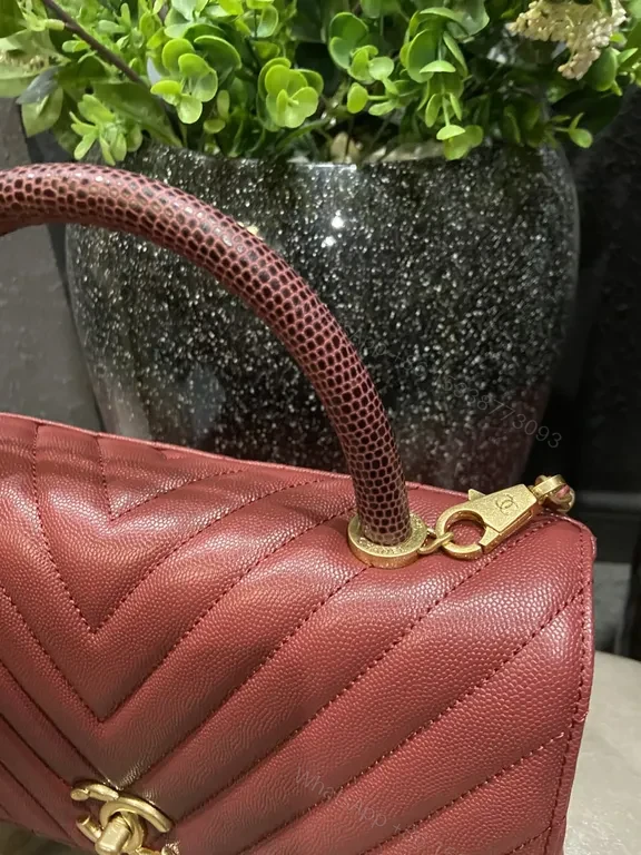 View 3 of Burgundy Chevron Leather Handbag with Gold Emblem Chanel-Inspired