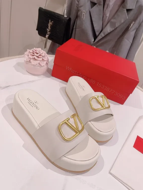 View 6 of Valentino-Style White Leather Slides with Gold Logo Buckle