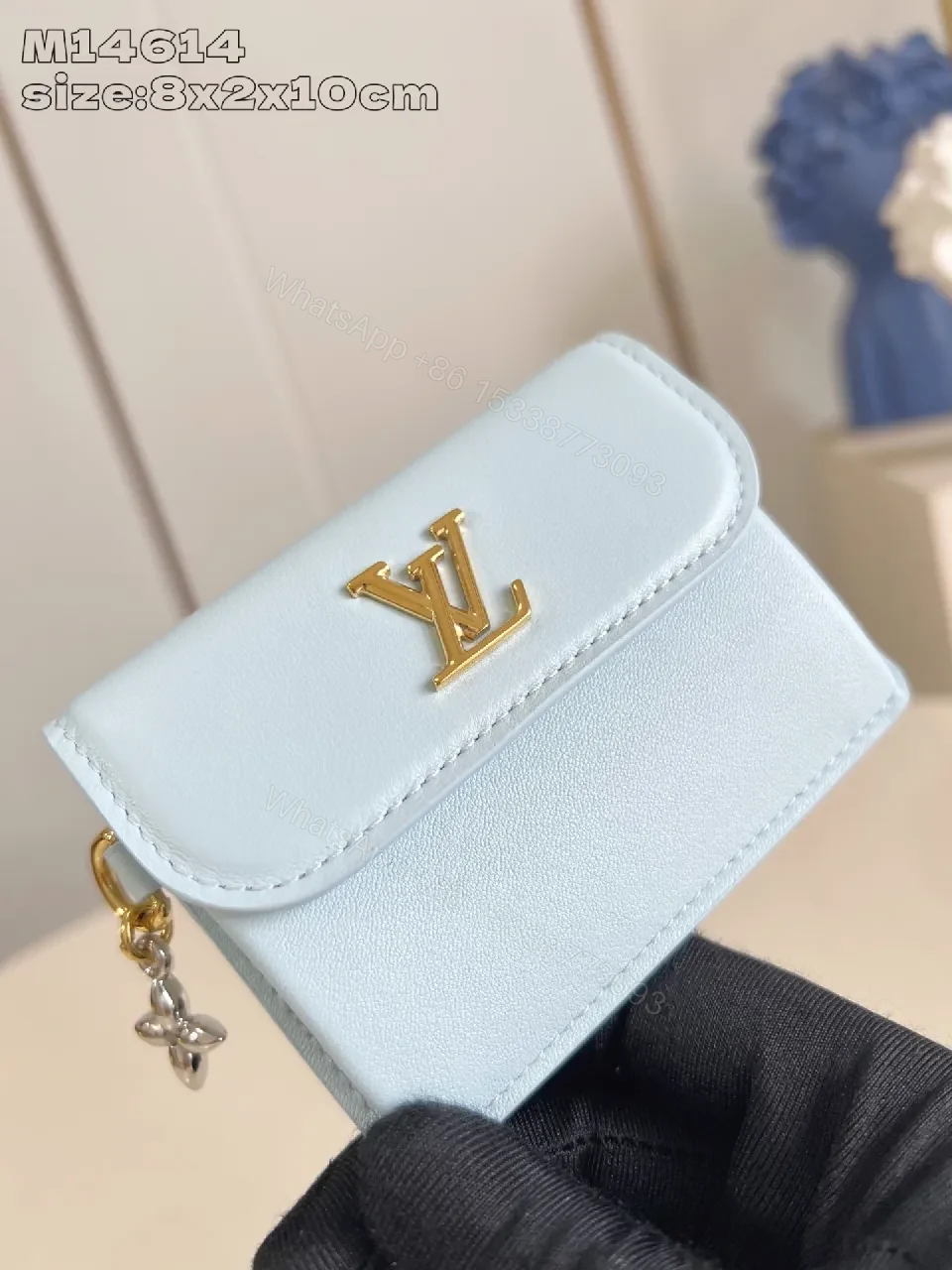View 3 of Powder Blue Calfskin Mini Wallet with Gold Hardware