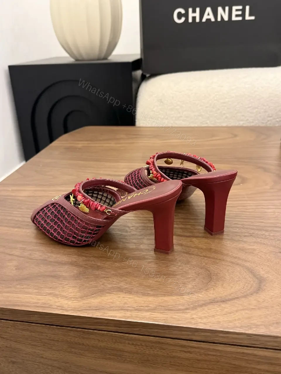View 6 of Pink Leather Mesh Heeled Mules with Embellished Strap Product Type: Heels