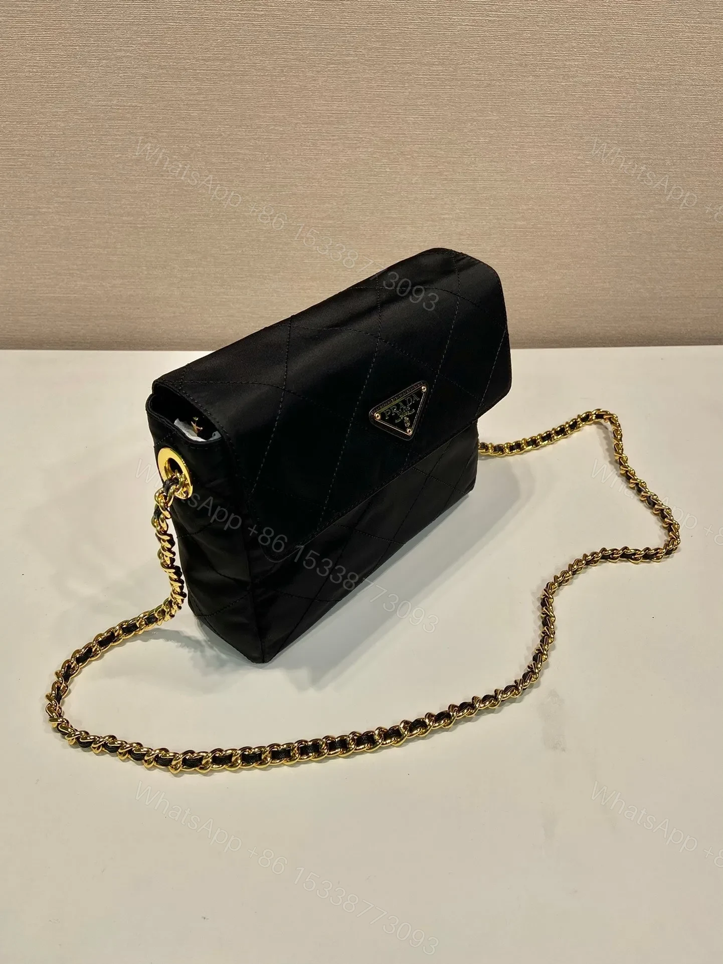 View 5 of LARGE QUILTED FLAP BAG 23 IN BLACK RE-NYLON FABRIC GOLD CHAIN