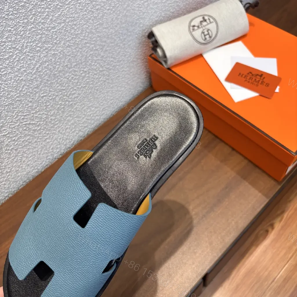 View 3 of Blue Leather Slide Hermès-Inspired Modern Slip-On Comfort Sandals