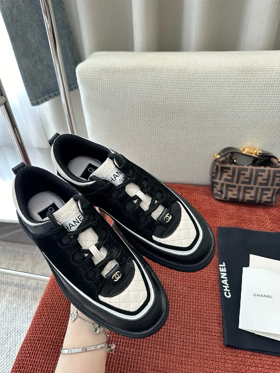View 3 of Chic Black-White Leather High-Top Sneakers with Couture Detailing