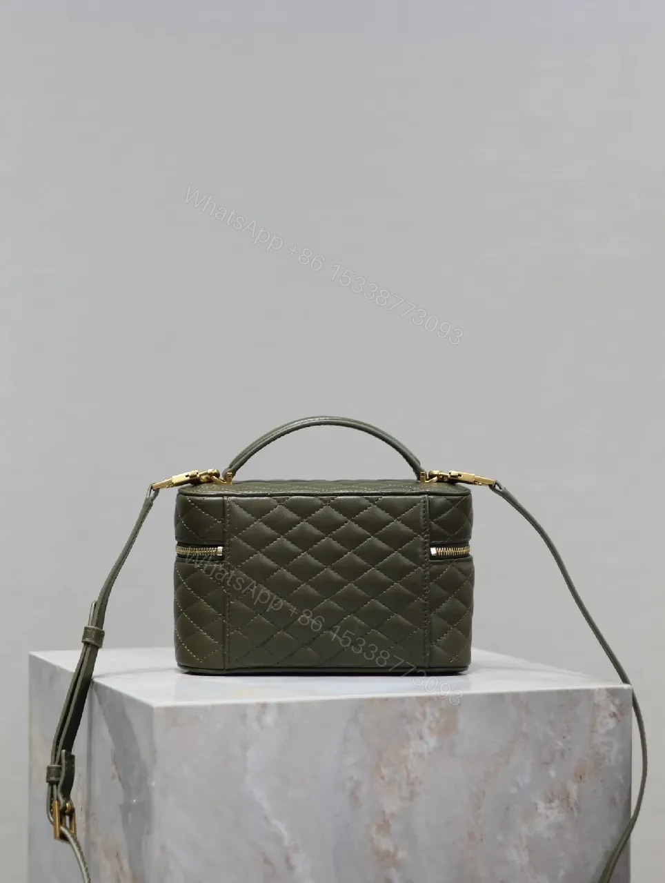 View 7 of Compact Olive Quilted Crossbody with Gold Hardware