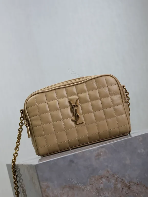 View 6 of Taupe Quilted Crossbody Bag with Gold YSL-Inspired Logo