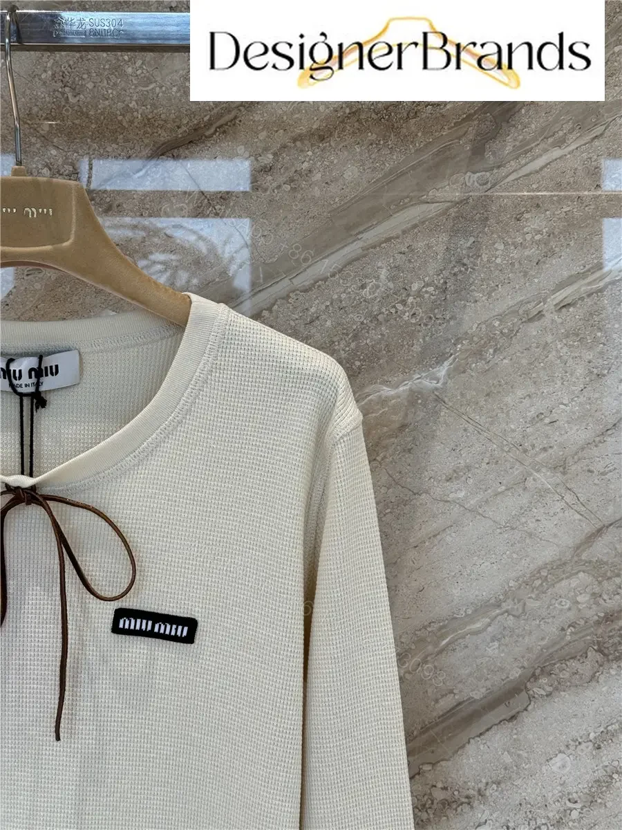 View 5 of Miu Miu Beige Waffle-Knit Cotton Long-Sleeve T-Shirt