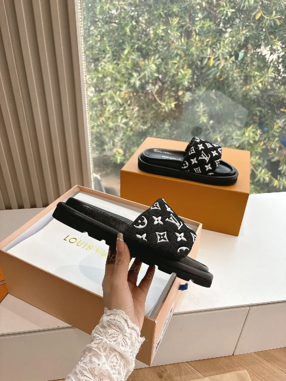 View 9 of Black Monogram Slide with LV Motif — Luxury Comfort Sandal