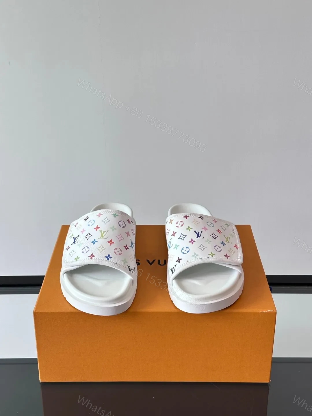 View 2 of LV Men White Printed Fabric Slides