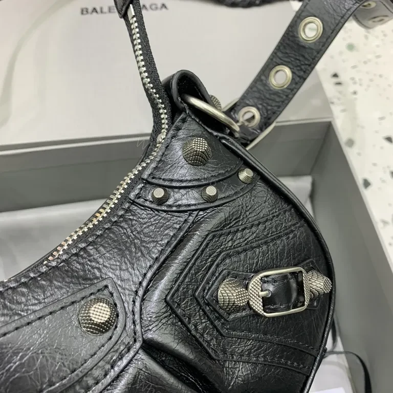 View 7 of Sculpted Black Leather Messenger Bag with Brass Accents