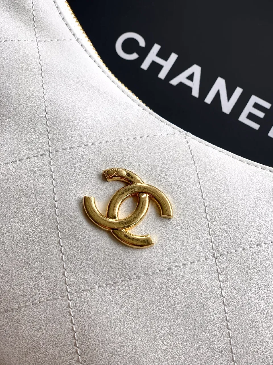 View 9 of White Quilted Leather Handbag with Gold Chain