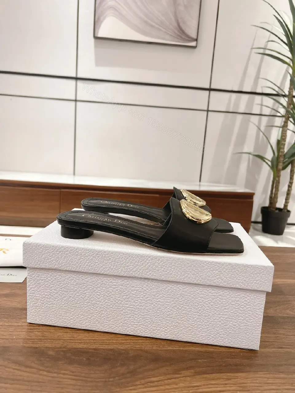 View 8 of Black Leather Sandals with Gold Logo Buckle, Dior Style, Slide Sandals