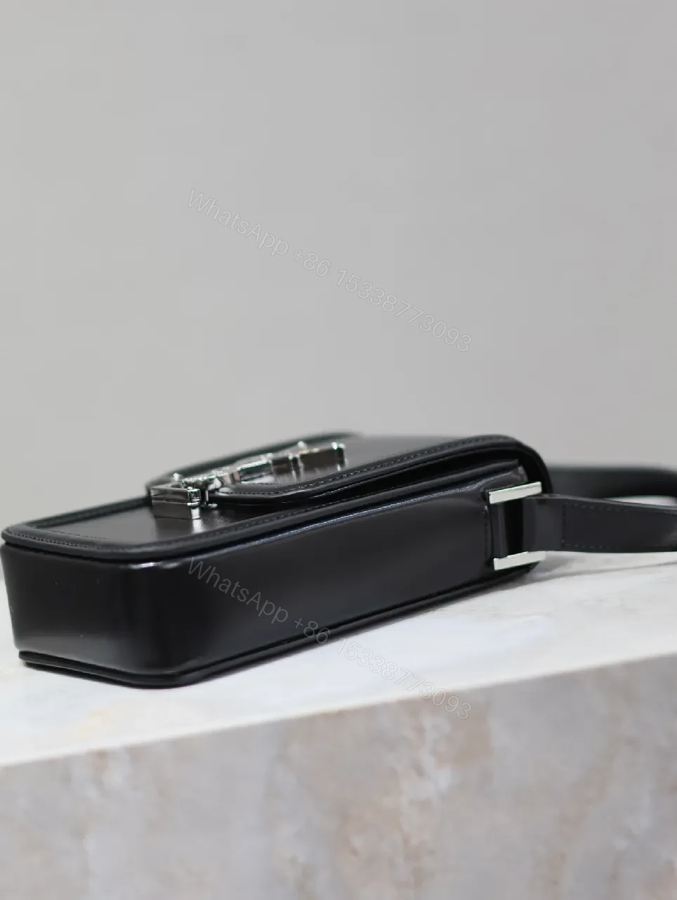 View 6 of Mini Crossbody: Black Leather, Luxe Chic, Logo Clasp, Crossbody Bag