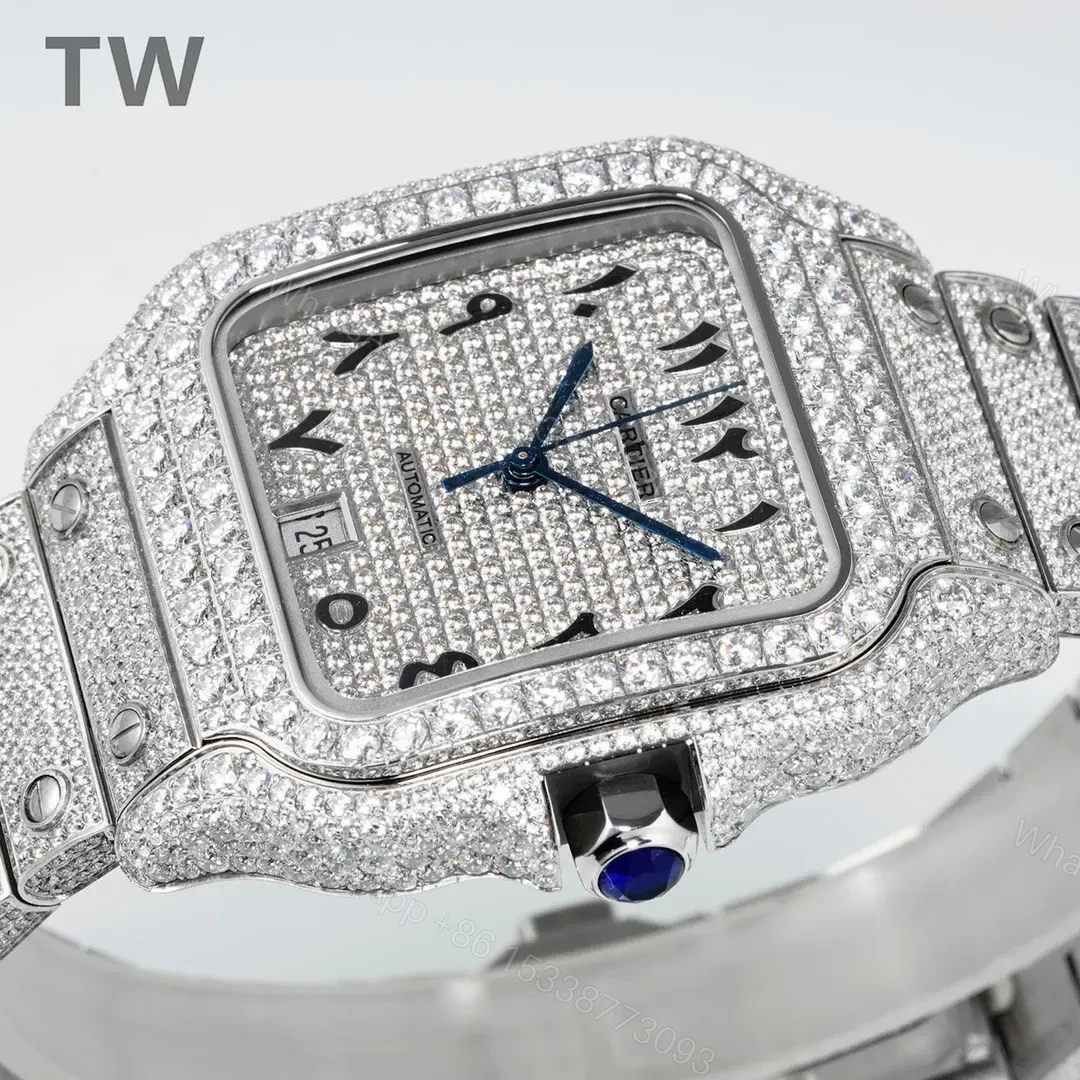 View 4 of K11 Factory Cartier Santos Large Diamond Bezel Full Diamond Set Watch – Silver with Blue Hands, Automatic Movement, 40mm Stainless Steel Case, Sapphire Crystal, QuickSwitch Strap System