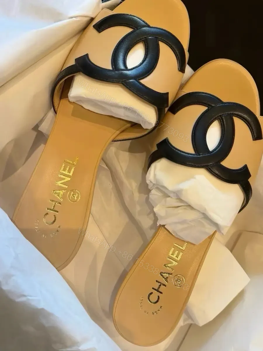 View 5 of Beige Leather Slide Signature Chanel Logo Sandals
