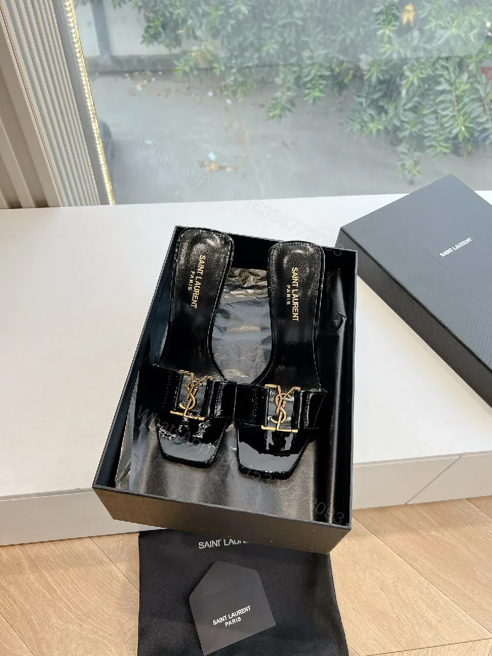 View 5 of Glossy Black Patent Heels with Gold Hardware Mules