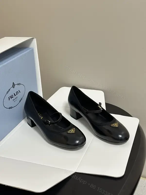 Black Leather Mary Jane Heels with Logo Accent, Prada-inspired style — view 1