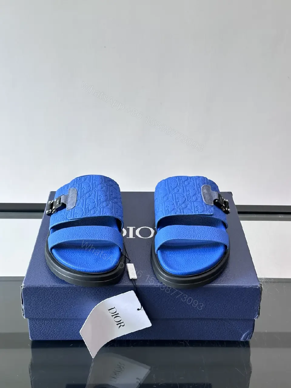 View 2 of Blue Embossed Slide Sandals with Buckle - Dior Inspired Sm?