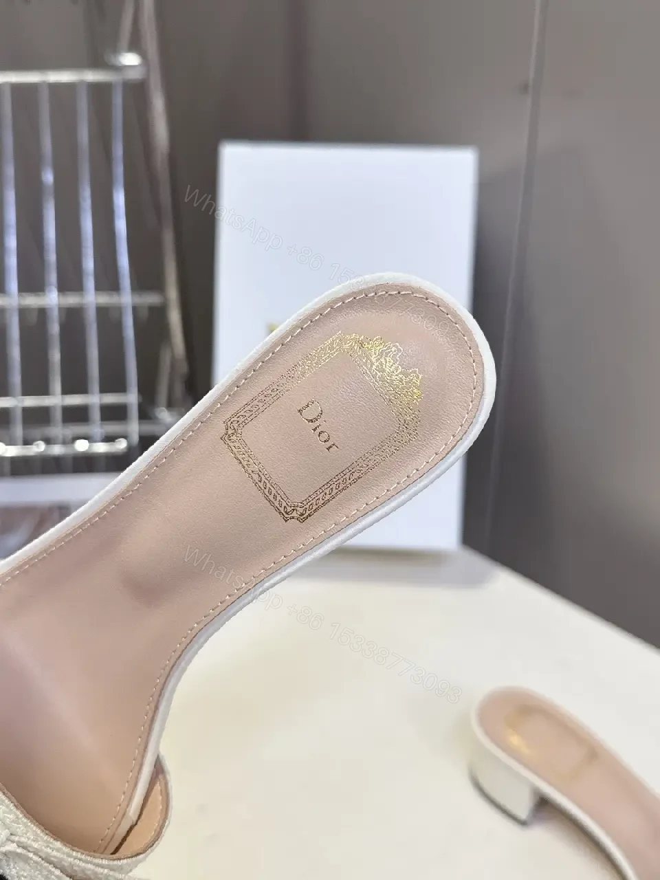 View 6 of White Leather Dior-Style Bow Sandals, Slip-On Heeled Slide