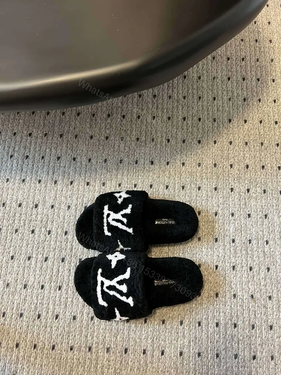 View 5 of Chunky Black Fleece Slides + Monogram Luxe + Open-Back + Plush Comfort + Sliders