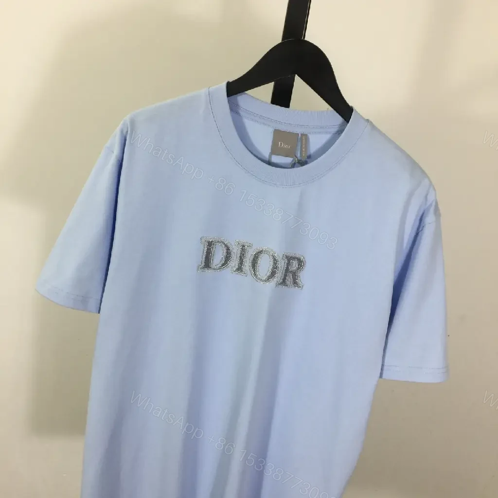 View 2 of Light Blue Oversized Tee with Sparkling DIOR Logo Embroidery, Short-Sleeve, Relaxed Fit