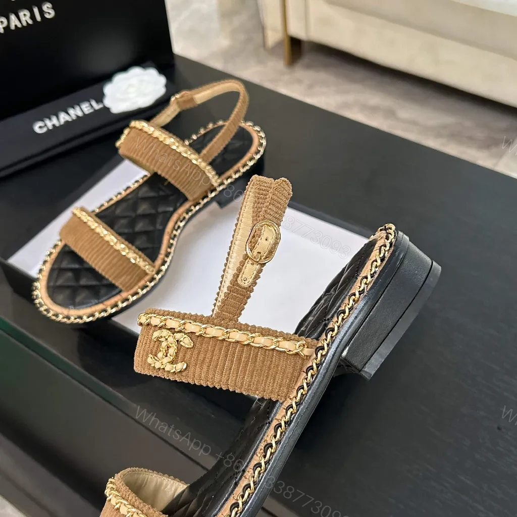 View 2 of Textured Sandals: Quilted Footbed, Gold Chain Detailing, Neutral Tan