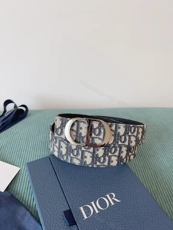 View 6 of Navy Dior Oblique Belt: Jacquard Texture & Silver Buckle