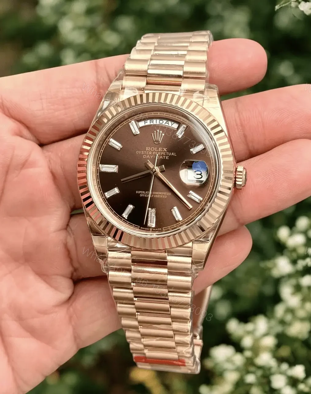 View 2 of Swiss Clone Replica Rolex DayDate Rose Gold Chocolate Dial