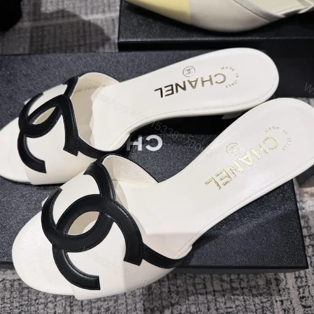 View 2 of Beige Leather Slides Black Logo Chanel Style Sandals