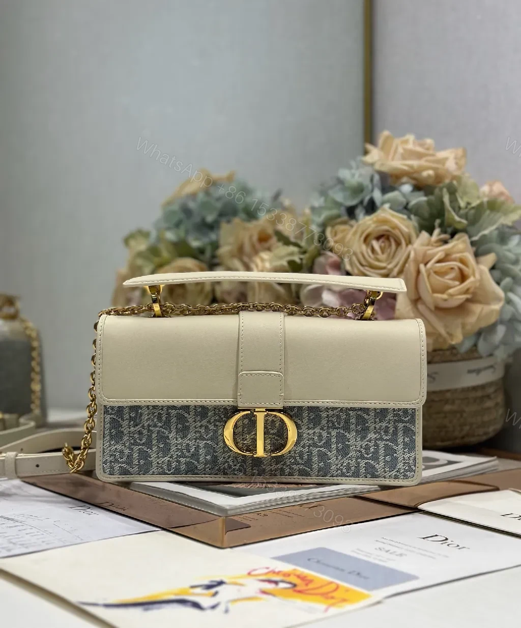 Two-Tone Denim-Canvas Satchel with Gold Chain Bag — view 1