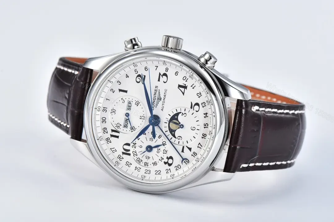 View 5 of Longines Master Collection Moonphase Chronograph Watch Silver Dial Blue Hands Brown Leather Strap 42mm Case