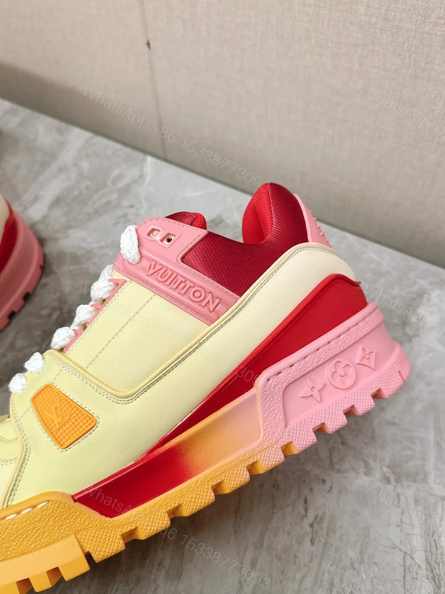 View 2 of LV Women Yellow Leather Orange Accent Sneakers