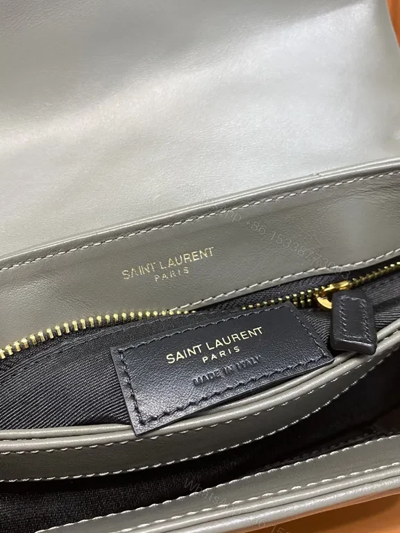 View 8 of Taupe Calfskin Crossbody: Chevron Quilted, Gold Logo, Lux Edit