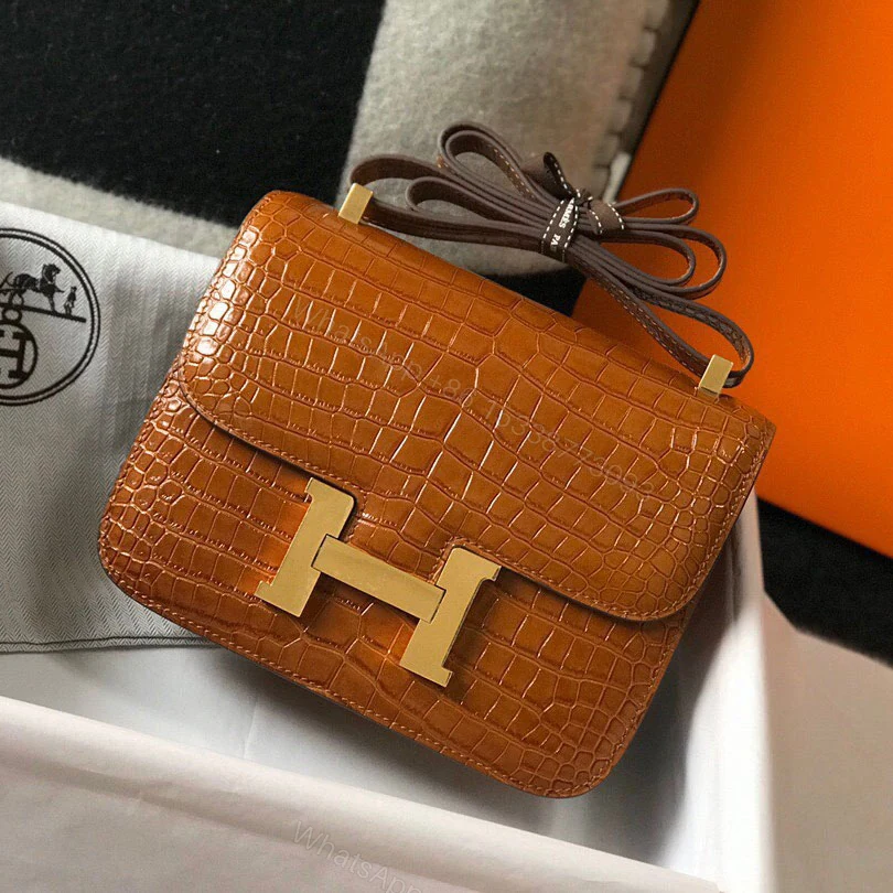 View 2 of Hermès Mini Constance 19 Shiny Alligator Palladium Hardware Gold 19Cm