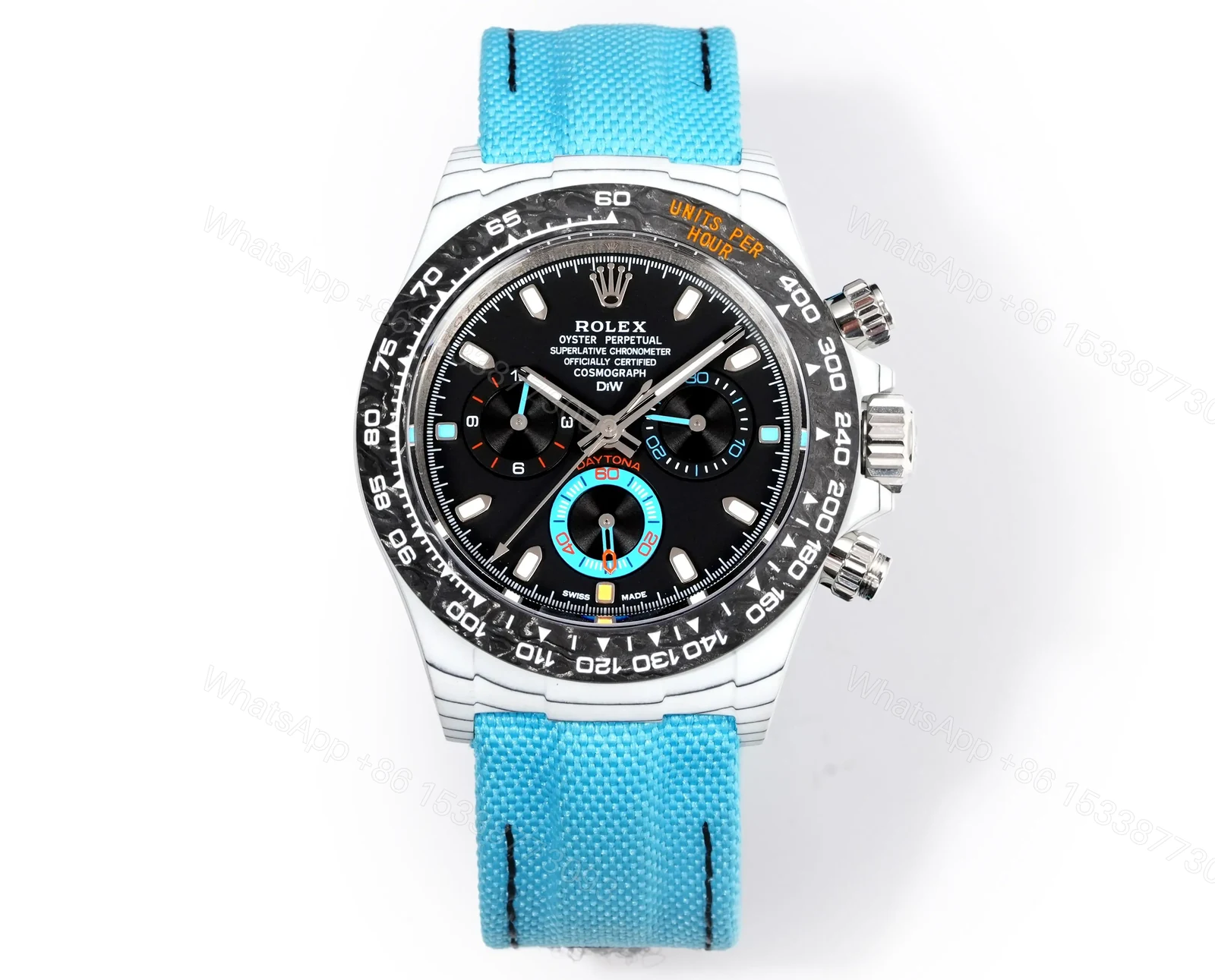Best Rolex Daytona White Turquoise Strap replica 40MM Black Dial Edition RG-DAYTONA-WHITE-TURQUOISE-STRAP-40 — view 1