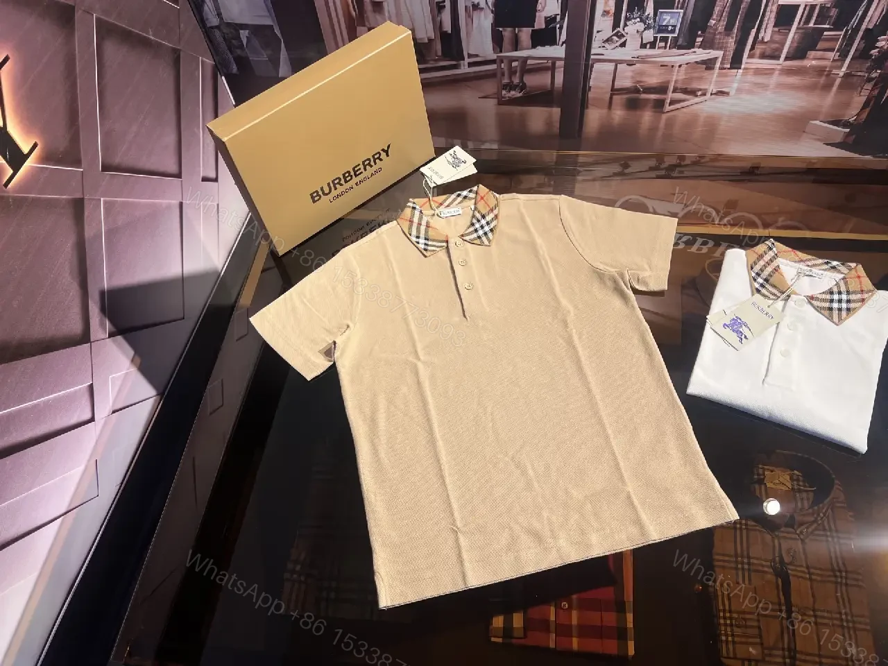 View 5 of Beige Polo Shirt + Cotton Knit + Minimalist + Signature Check Collar + Polo Shirt
